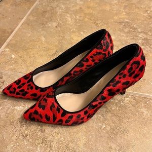 Red calf fur leopard print heels